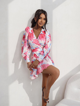 Sukienka "ANNA" krótka - Różowo-niebieskie kwiaty