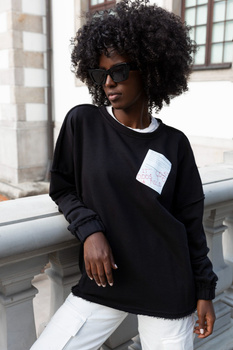 Bluza dresowa - oversize z sitem w formie paragonu - Czarna z Białym
