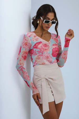 Bluzka tiulowa Lori - PINK FLOWERS ON BLUE