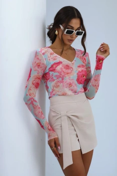 Bluzka tiulowa Lori - PINK FLOWERS ON BLUE