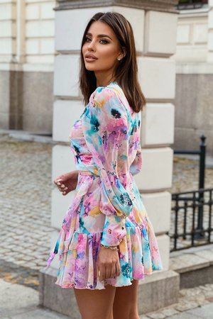 Sukienka "ANNA" szyfon kwiaty z turkusem