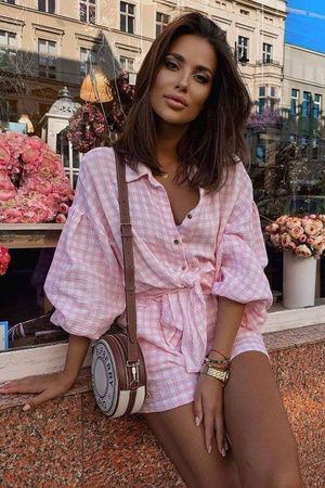 Komplet MOLLY muślin - Róż kratka