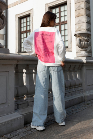 Bluza dresowa - oversize z sitem w formie paragonu - Biała z Różowym