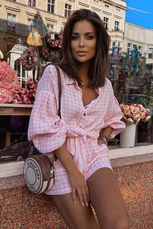 Komplet MOLLY muślin - Róż kratka