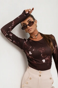 Bluzka SHIRA długi rękaw - Brown flowers
