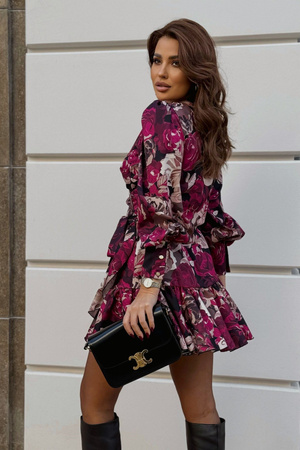 Sukienka "ANNA" krótka - Brown and Pink Bouquet