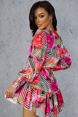 Sukienka "ANNA" krótka wzór kwiaty róż czerwień paski